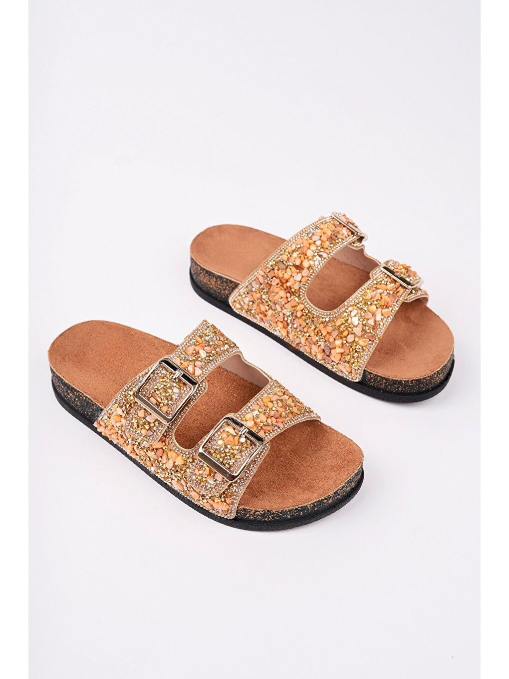 Sarı CRACOW Çift Bantlı Taşlı Ayarlanabilir Kemerli Günlük Kadın Terlik