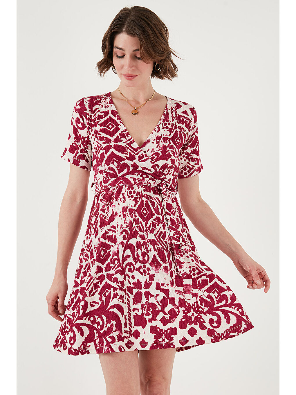 Mürdüm Desenli Kruvaze Yaka Regular Fit Kadın Elbise 5865723-3