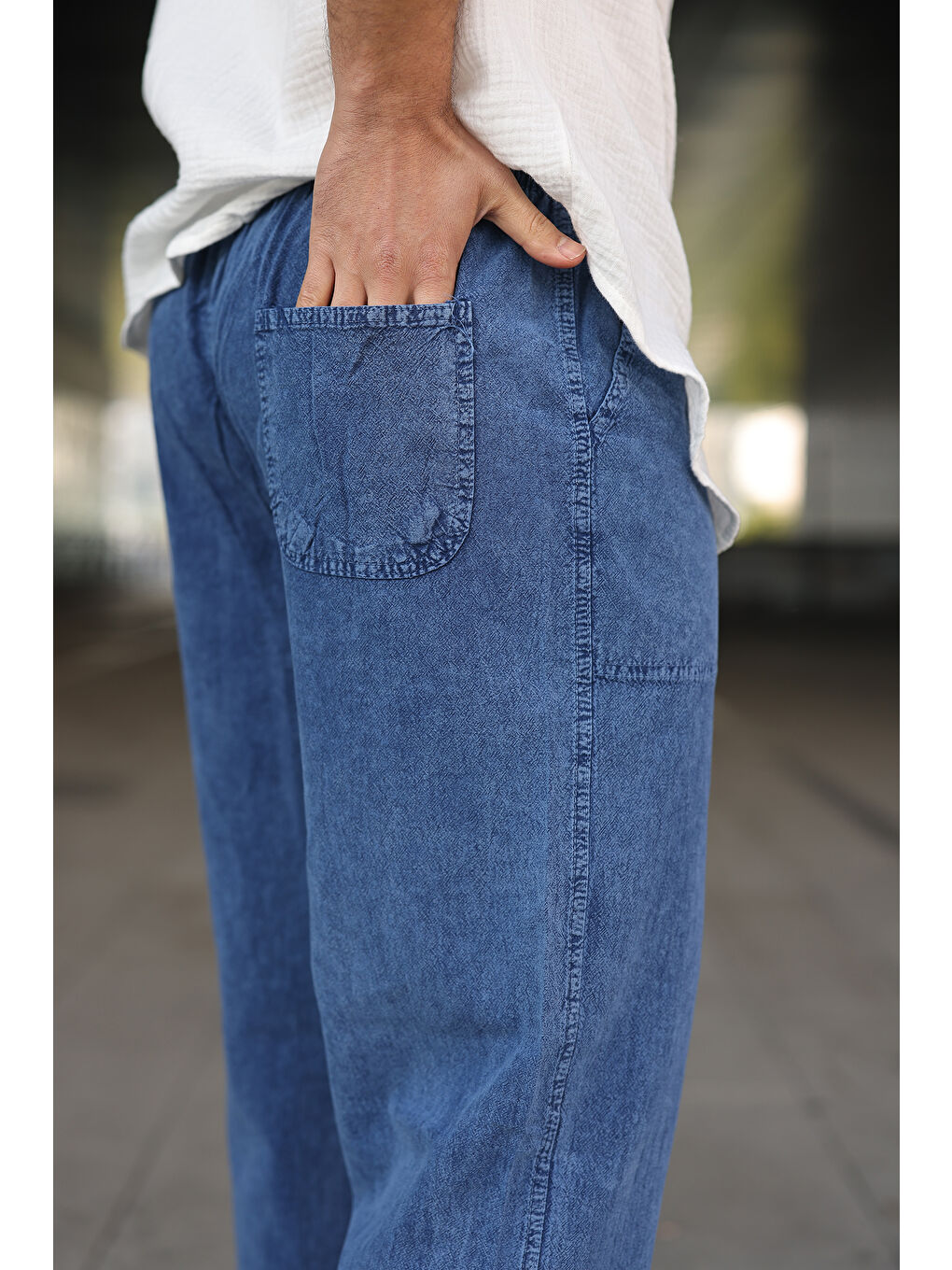 Erkek Trend Basic Bol Paça Mavi Baggy Keten Pantolon-3