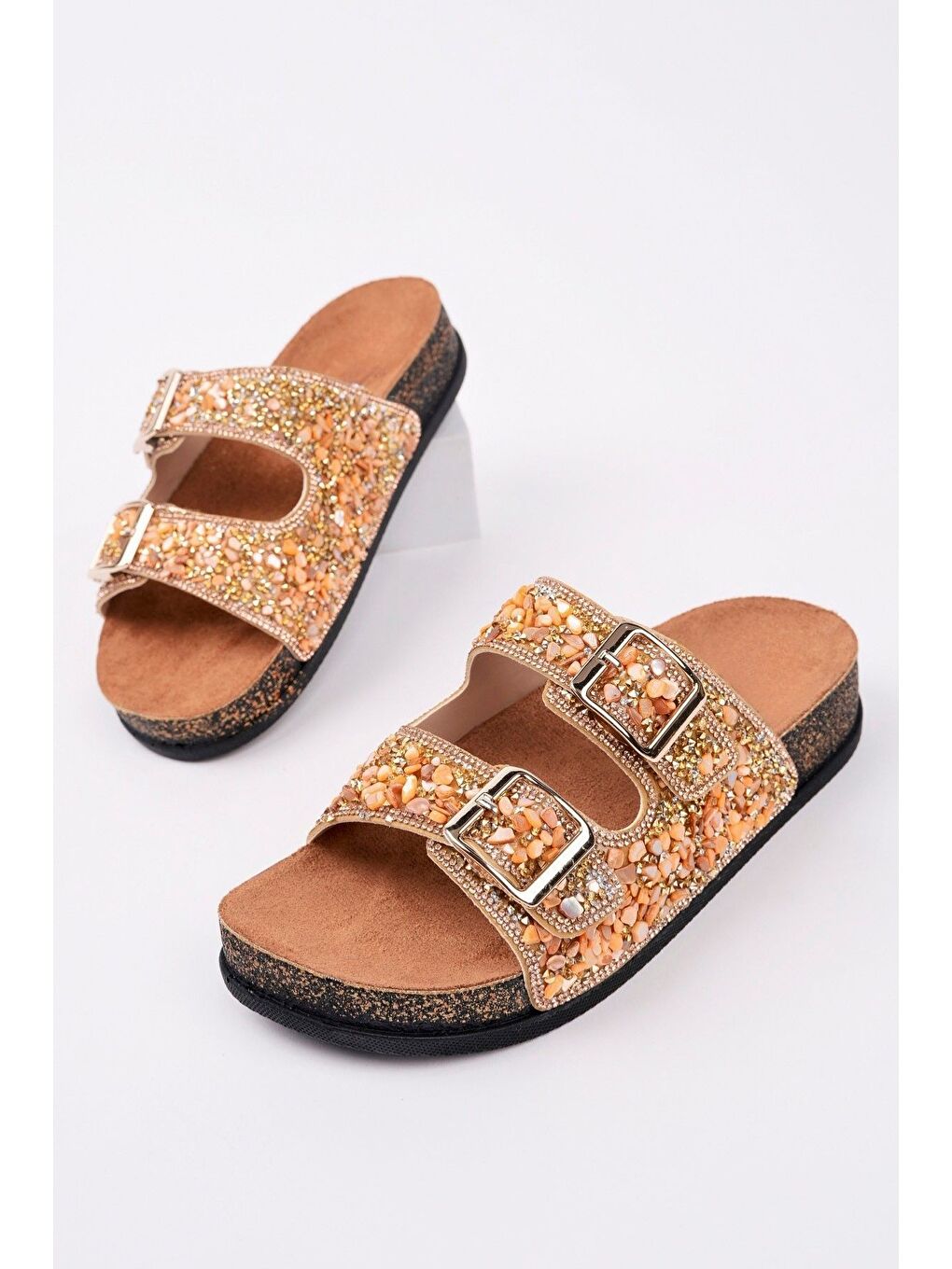 Sarı CRACOW Çift Bantlı Taşlı Ayarlanabilir Kemerli Günlük Kadın Terlik-1