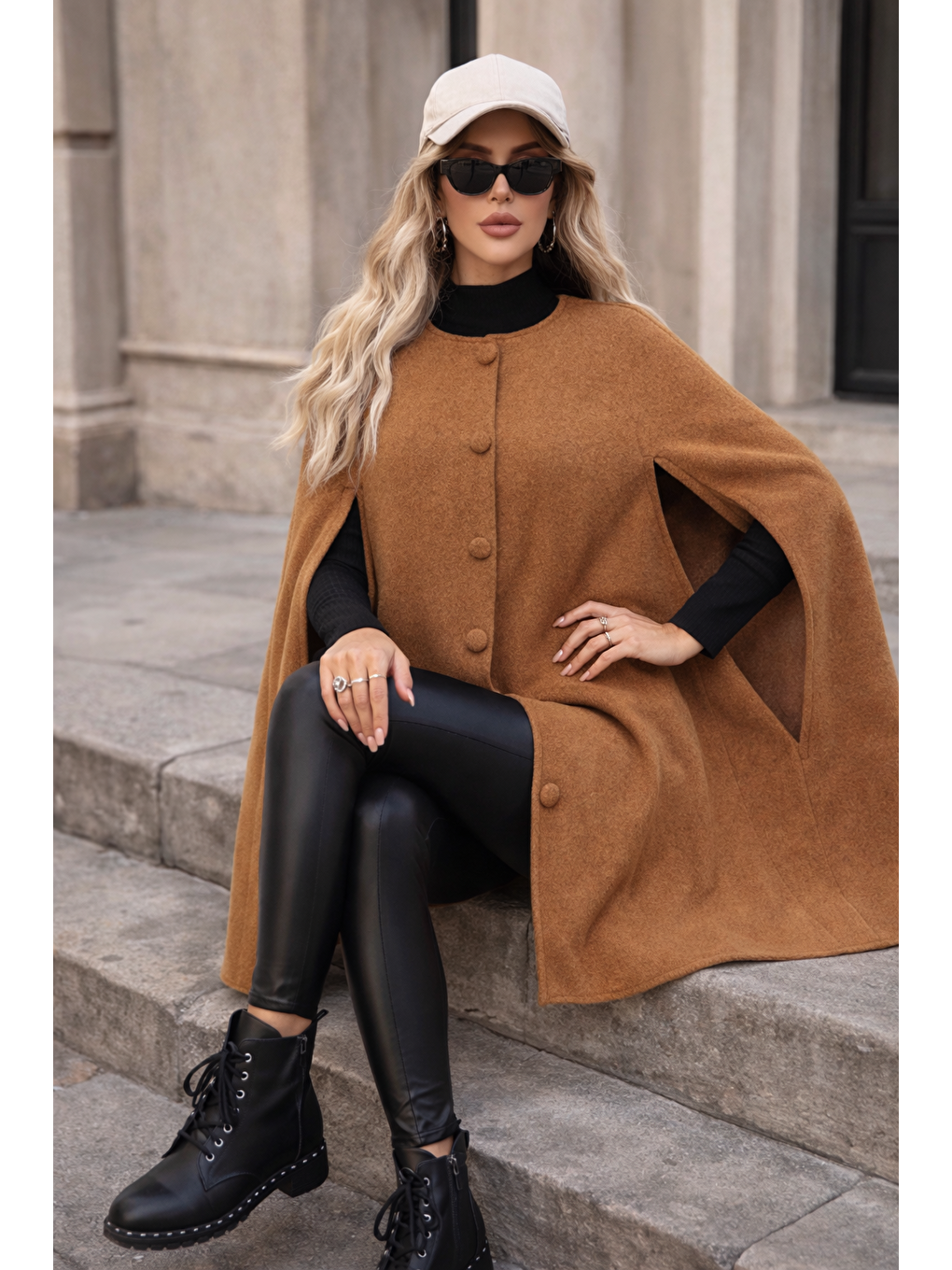 Kahverengi Kadın Düğmeli Premium Comfort Taba Kaşe Panço-4