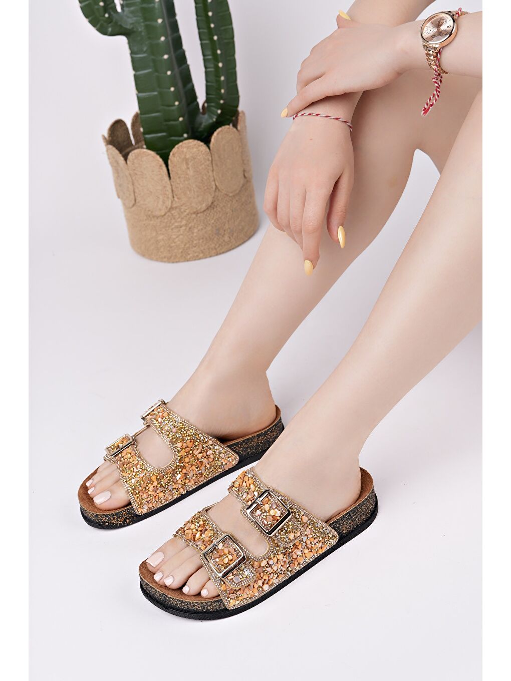 Sarı CRACOW Çift Bantlı Taşlı Ayarlanabilir Kemerli Günlük Kadın Terlik-3