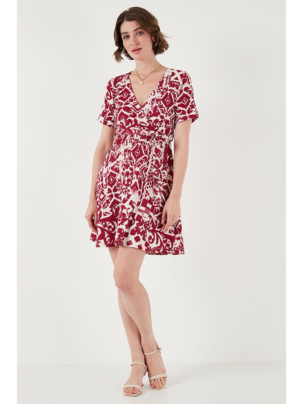 Mürdüm Desenli Kruvaze Yaka Regular Fit Kadın Elbise 5865723-4