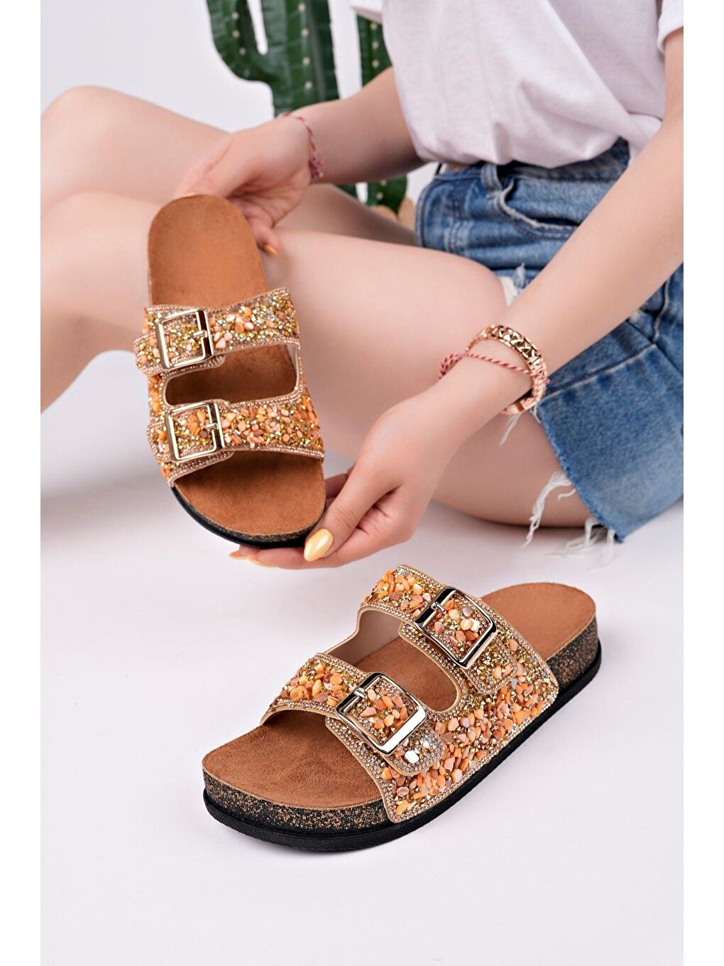 Sarı CRACOW Çift Bantlı Taşlı Ayarlanabilir Kemerli Günlük Kadın Terlik-4