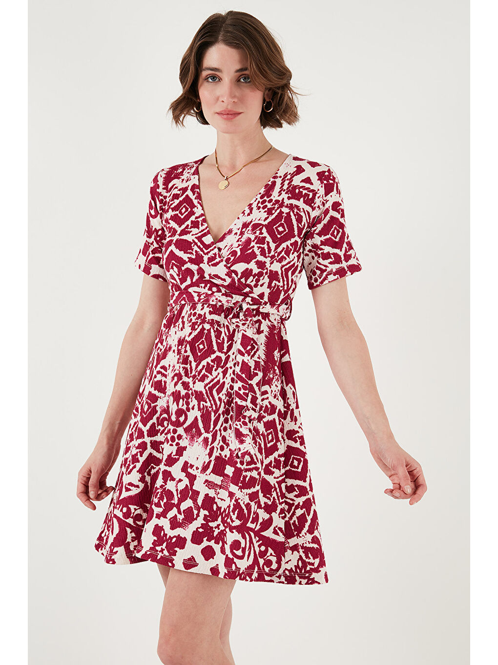 Mürdüm Desenli Kruvaze Yaka Regular Fit Kadın Elbise 5865723-5