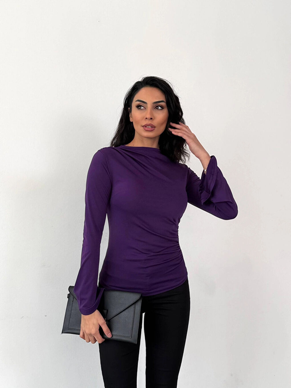 Kadın Mor Drape Detaylı İspanyol Kol Sany Bluz HZL25W-FRY123431-2