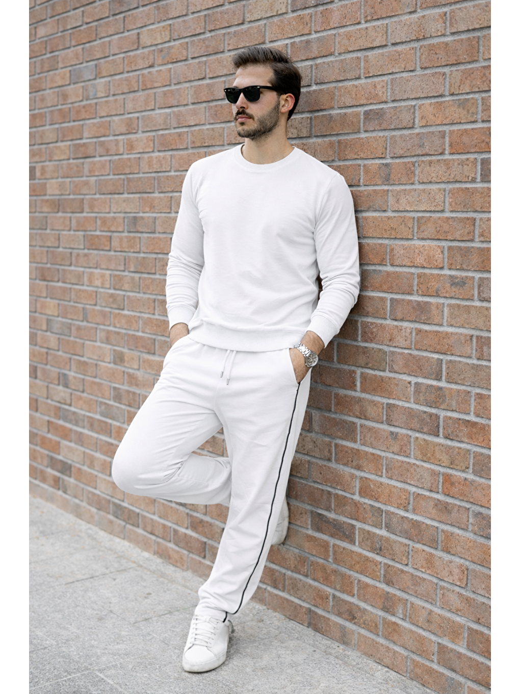 Erkek Çizgili Bisiklet Yaka Dar Beyaz Eşofman Takımı-3