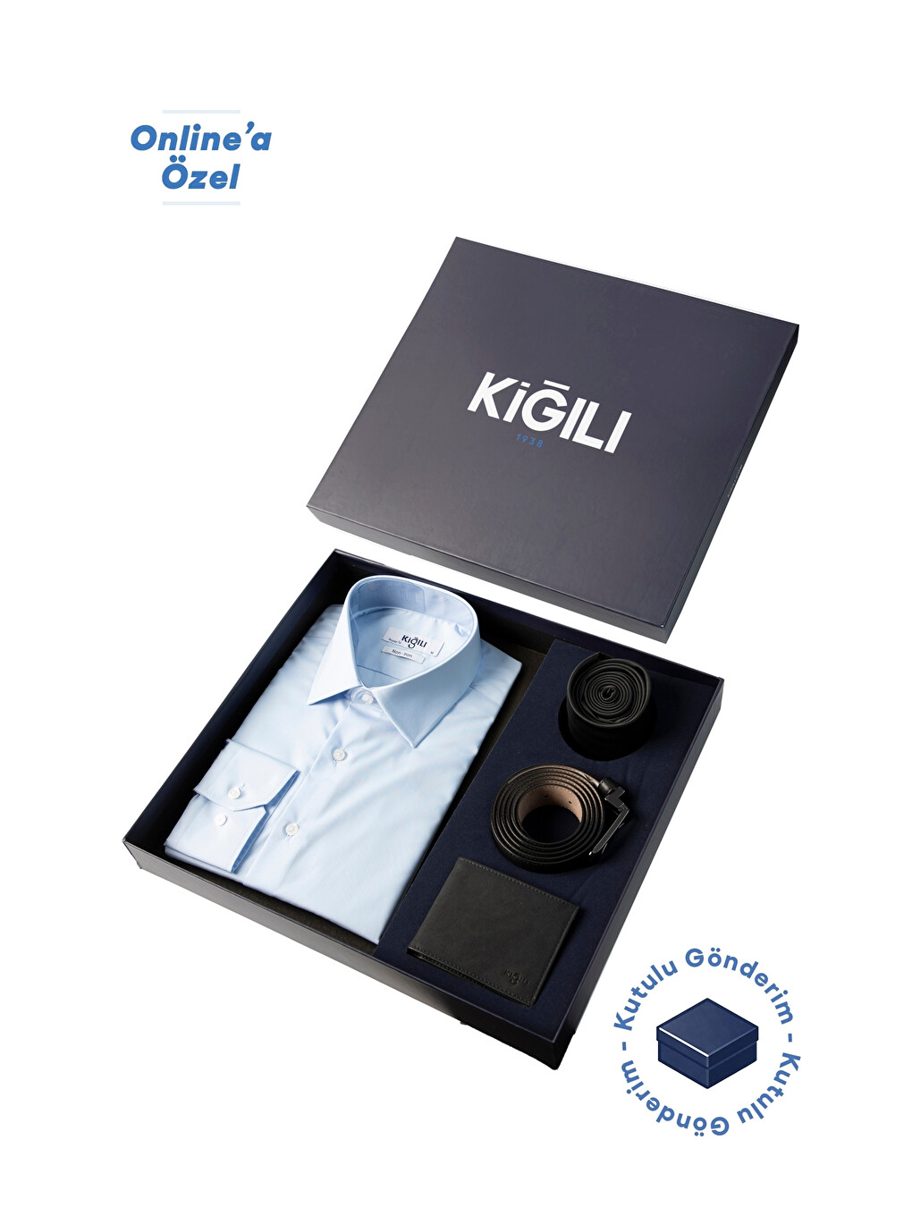 Mavi Erkek 4'lü Hediye Seti / Gömlek & Kravat & Kemer & Cüzdan Çeyiz Seti Hediye Kutulu Set