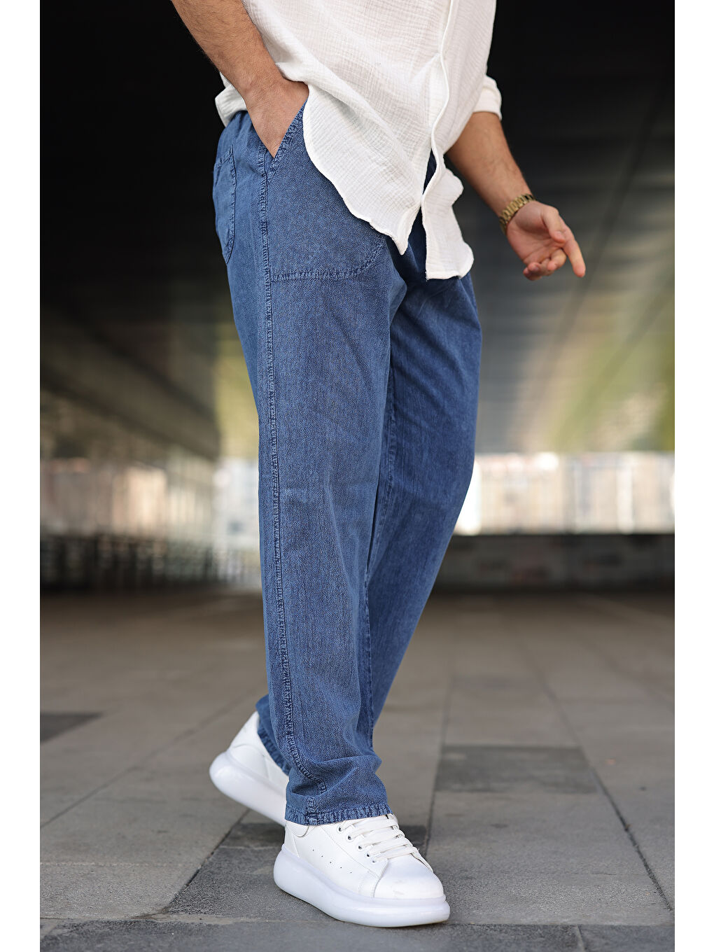 Erkek Trend Basic Bol Paça Mavi Baggy Keten Pantolon-4