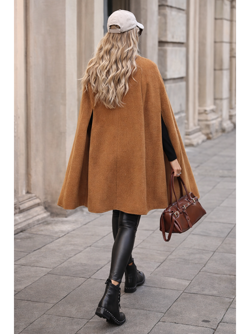 Kahverengi Kadın Düğmeli Premium Comfort Taba Kaşe Panço-5