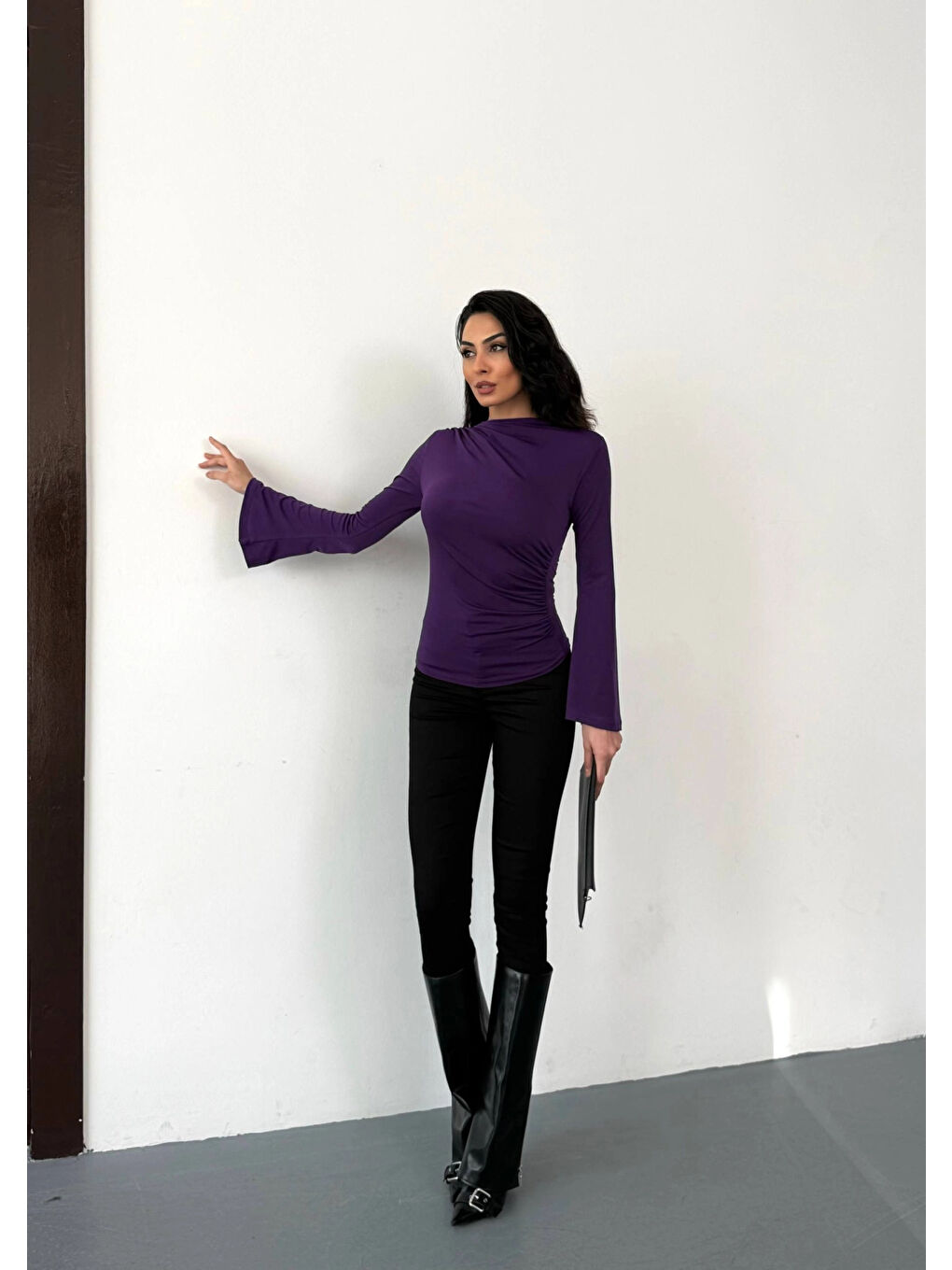 Kadın Mor Drape Detaylı İspanyol Kol Sany Bluz HZL25W-FRY123431-3