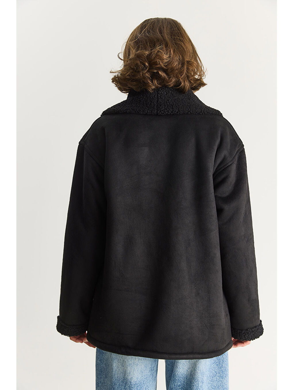 Siyah Kadın İçi Kürklü Cep Detaylı Şal Yaka Süet Kaban-7