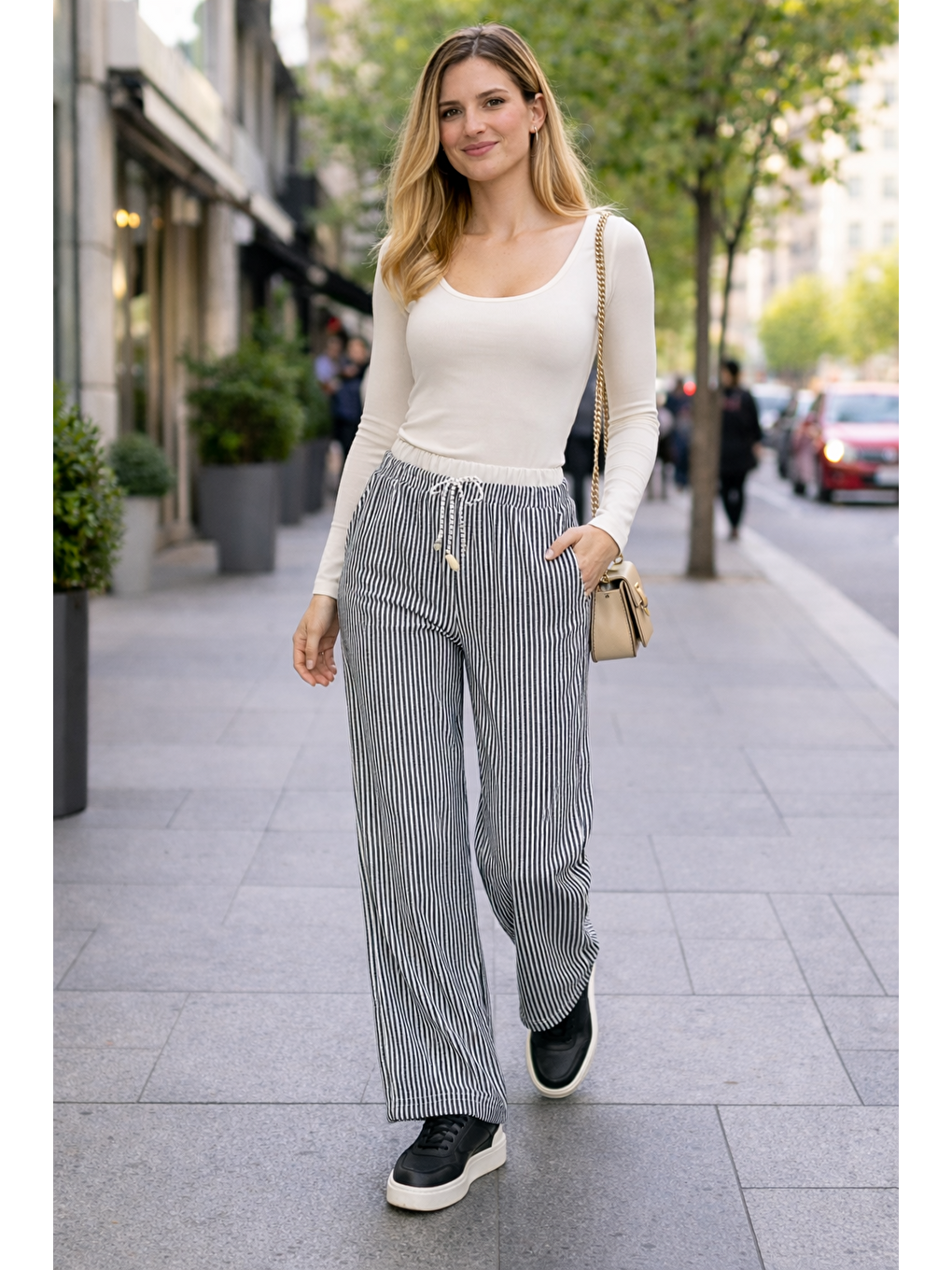 Gri Kadın Trend Çizgili Bol Paça Füme Palazzo Pantolon