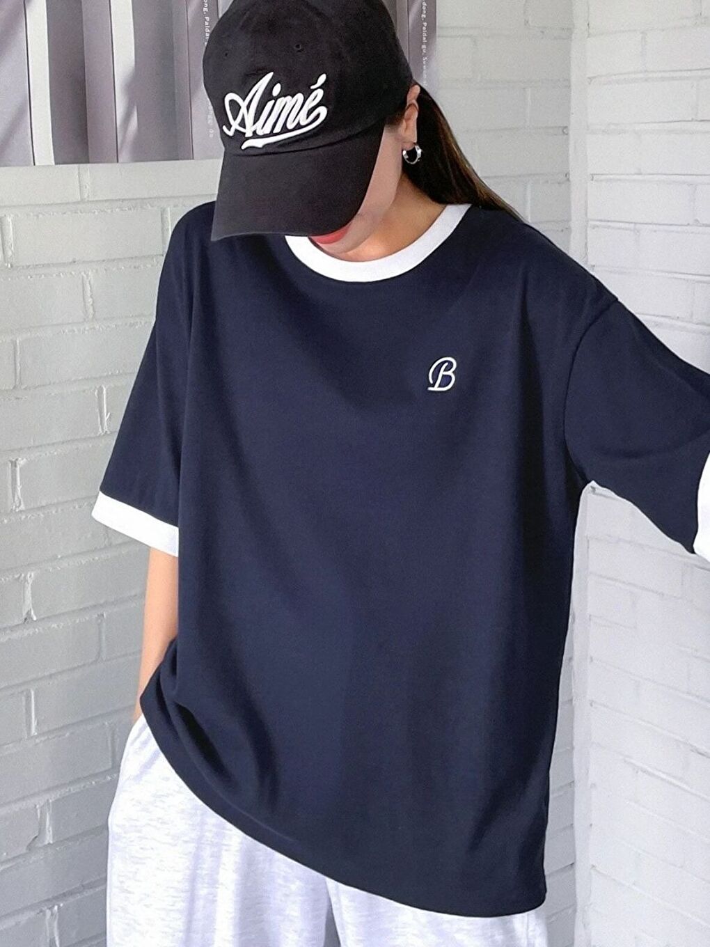 Kadın Lacivert B Baskılı İnterlok Tişört