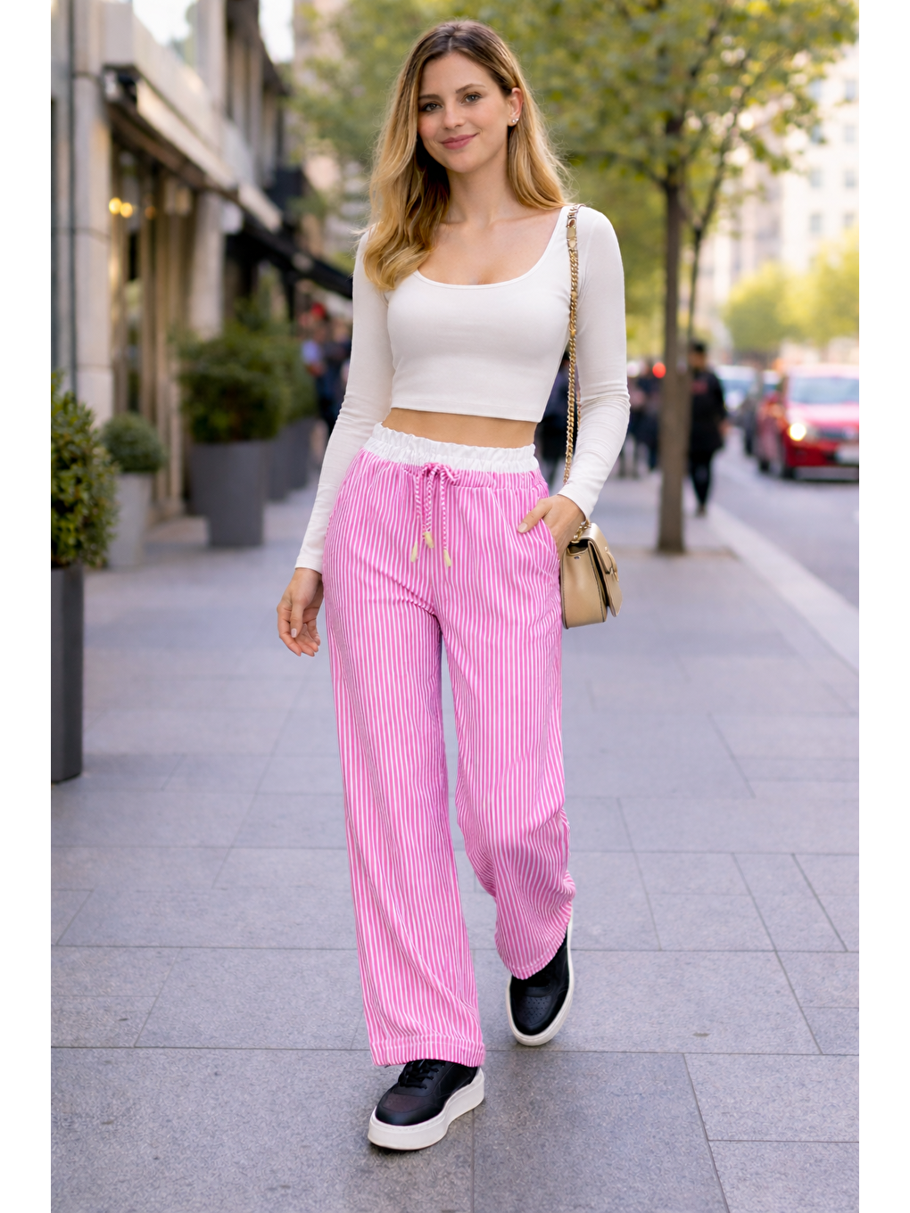 Kadın Trend Çizgili Bol Paça Pembe Palazzo Pantolon-3