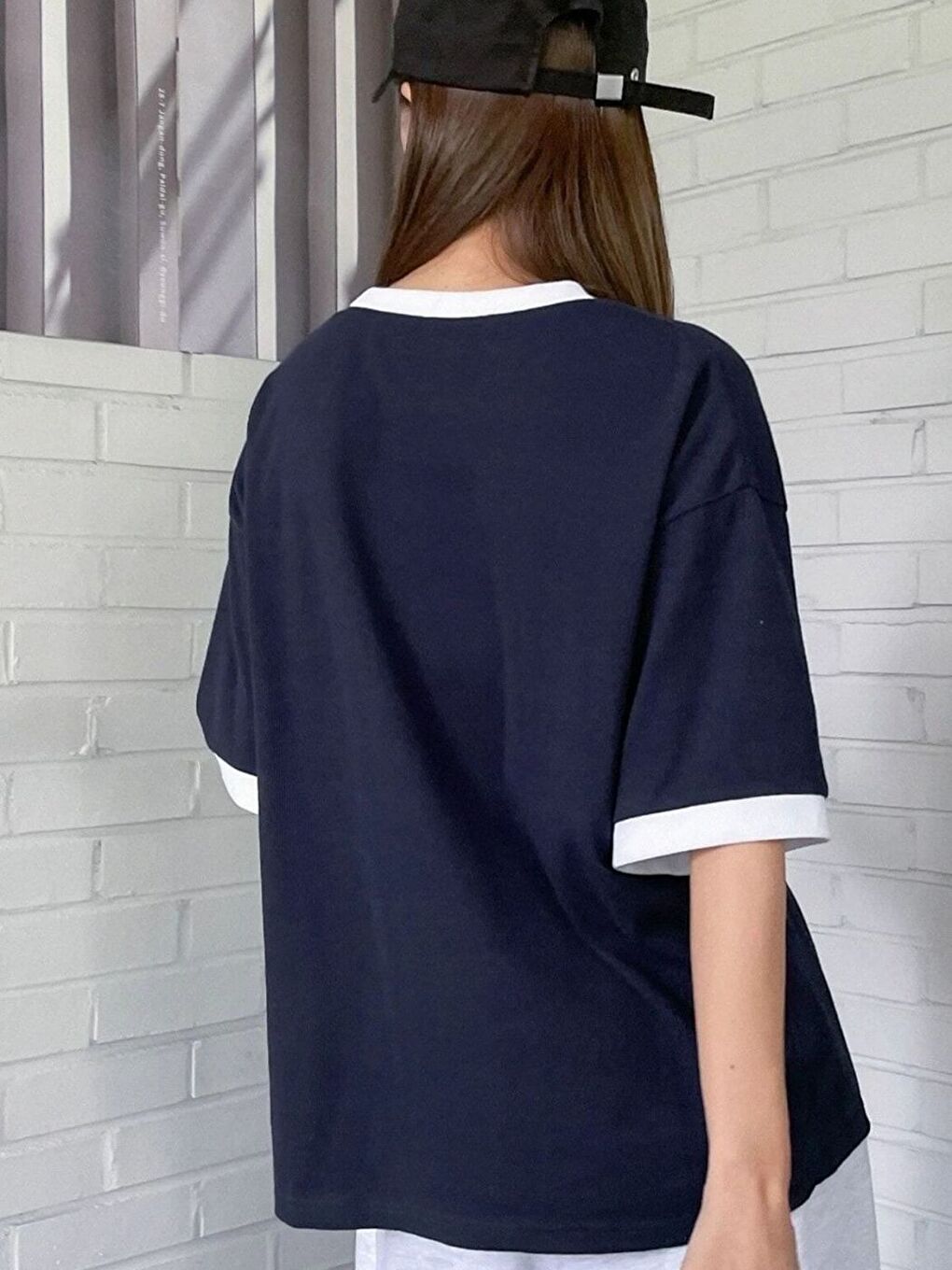 Kadın Lacivert B Baskılı İnterlok Tişört-1