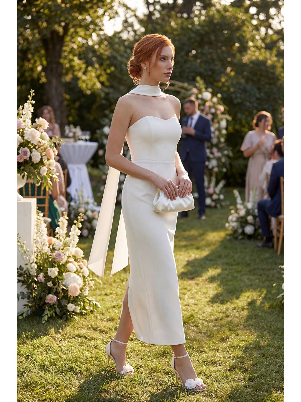 Kadın Beyaz Şal Yaka Midi Söz Nişan Nikah Abiye Elbise-1