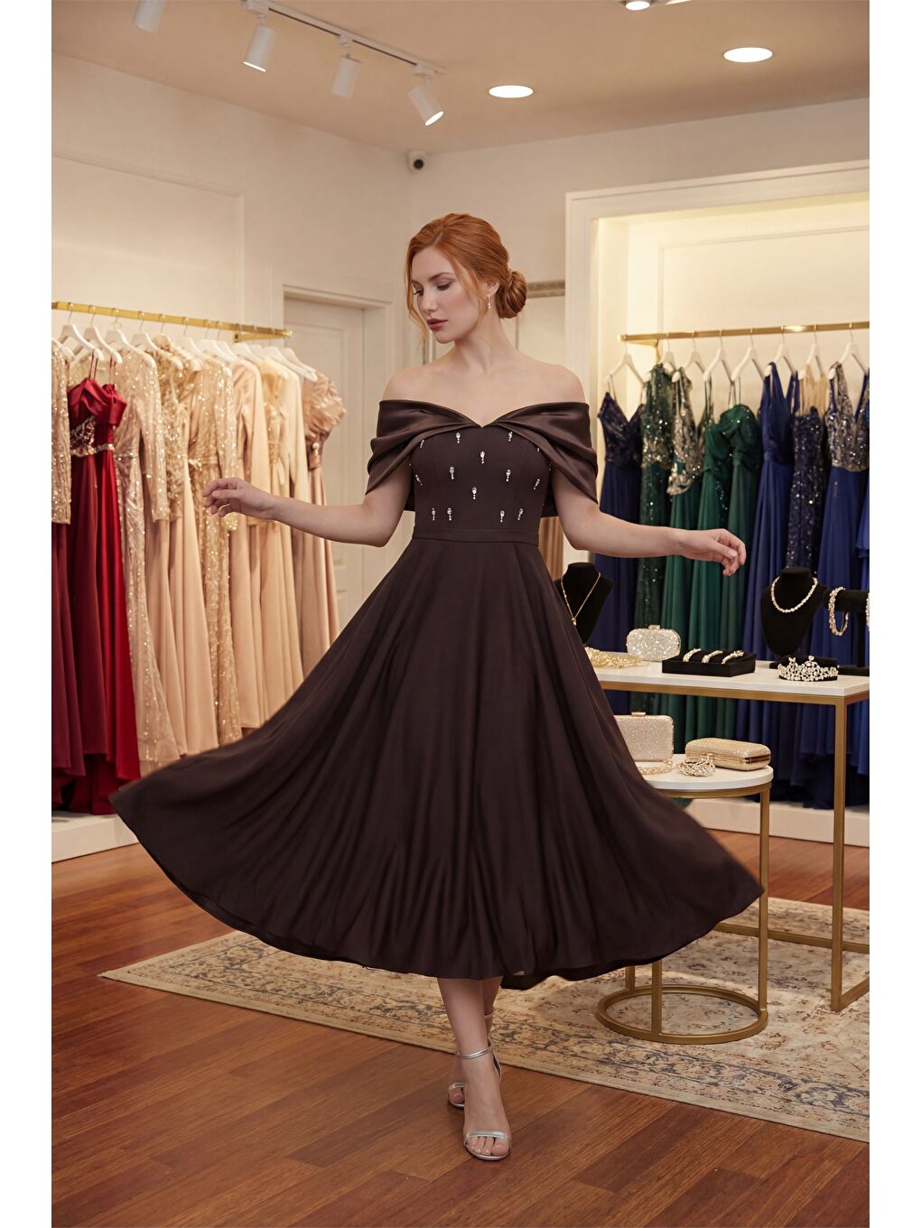 Kadın Kahverengi Kayık Yaka Taş Detay Kloş Söz Nişan Nikah Abiye Elbise-3