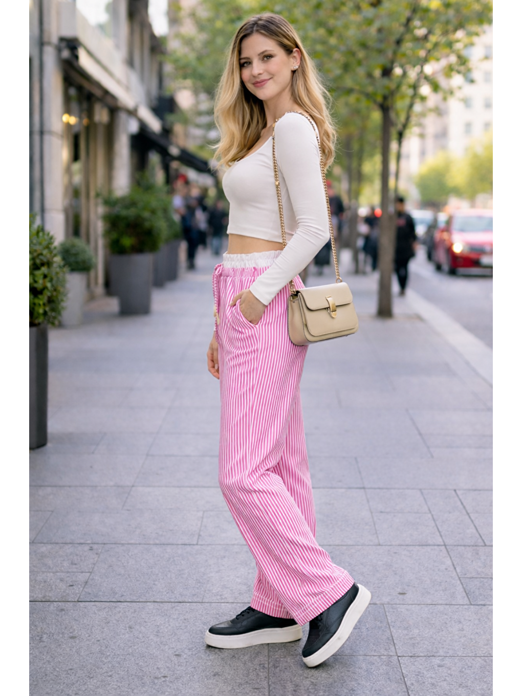 Kadın Trend Çizgili Bol Paça Pembe Palazzo Pantolon-4