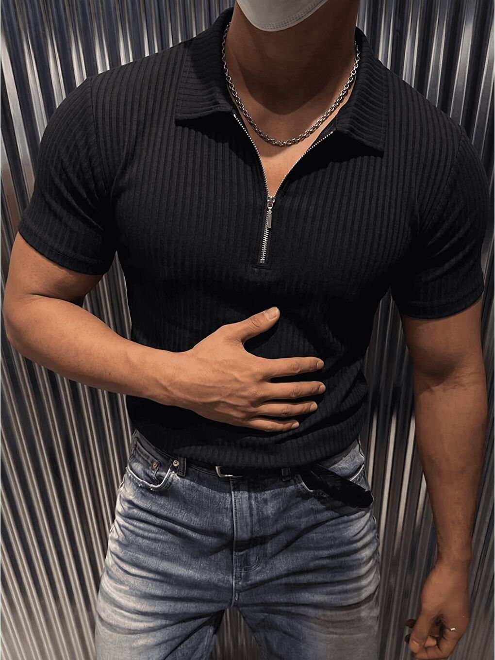 Siyah Luuk Erkek Slim Fit Fermuarlı Polo Yaka Fitilli T-Shirt-1