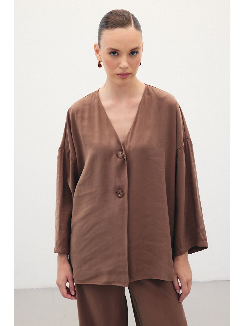 Kahverengi Düğmeli Kimono - Kahve-1