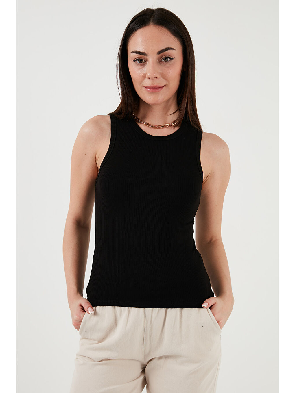 Siyah Slim Fit Halter Yaka Fitilli Atlet 25Y0479K1