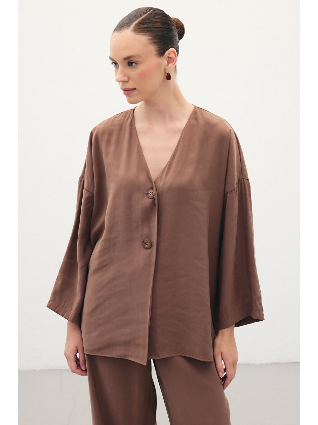 Kahverengi Düğmeli Kimono - Kahve-2
