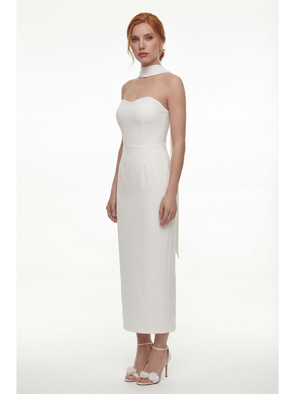 Kadın Beyaz Şal Yaka Midi Söz Nişan Nikah Abiye Elbise-2