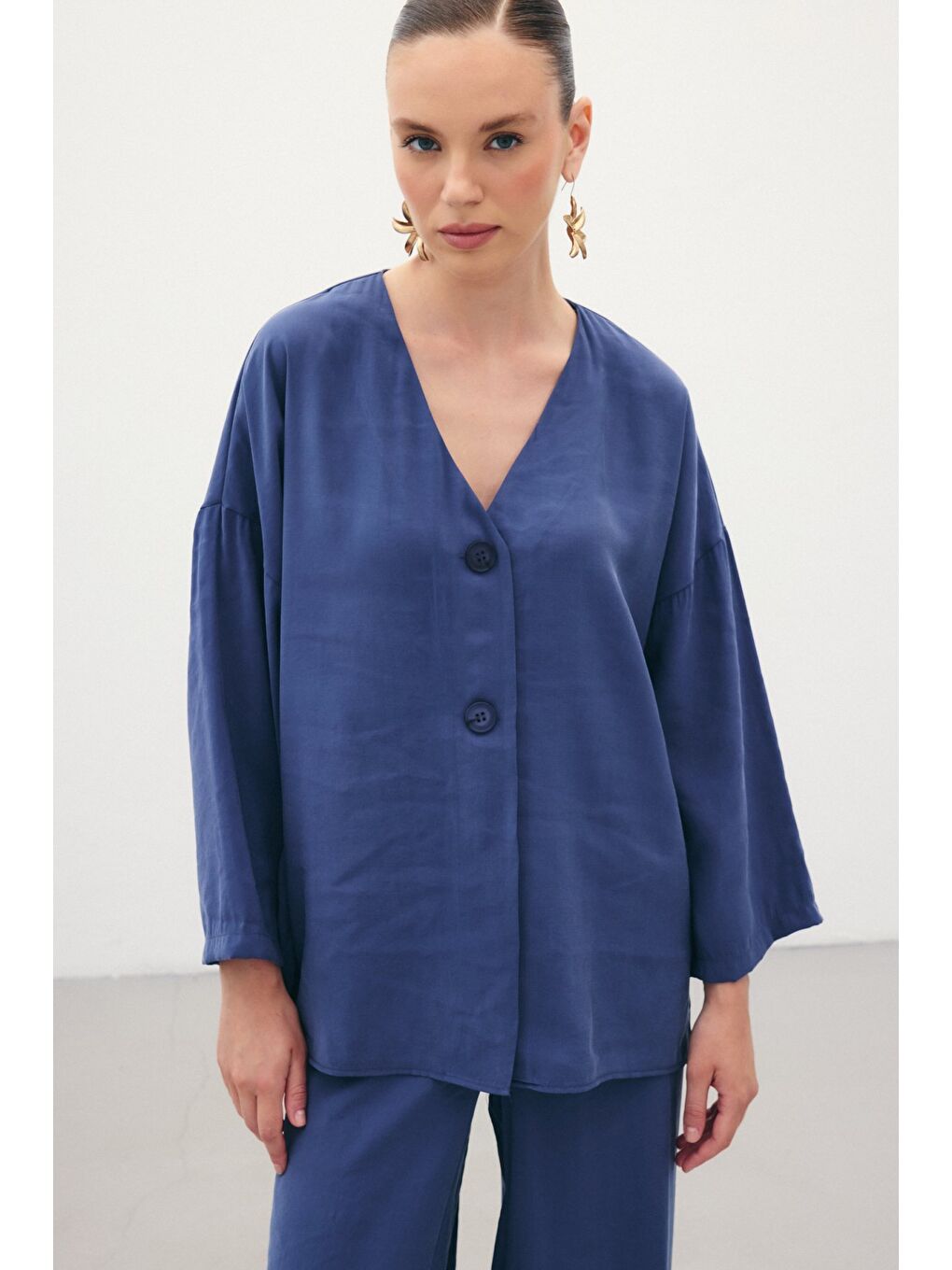 Düğmeli Kimono - İndigo-1