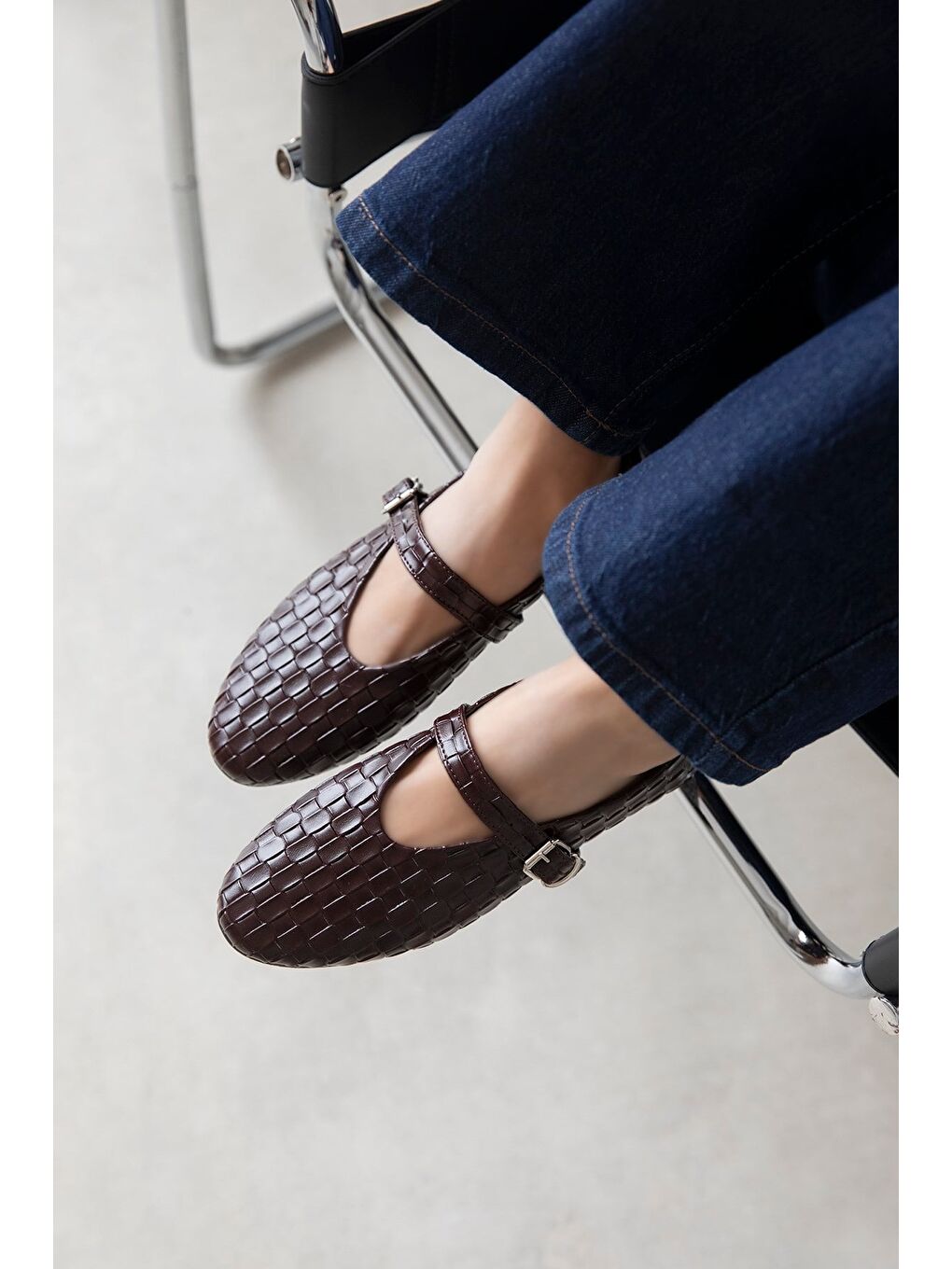 Jun Kadın Örgü Detay Deri Babet Bordo-1