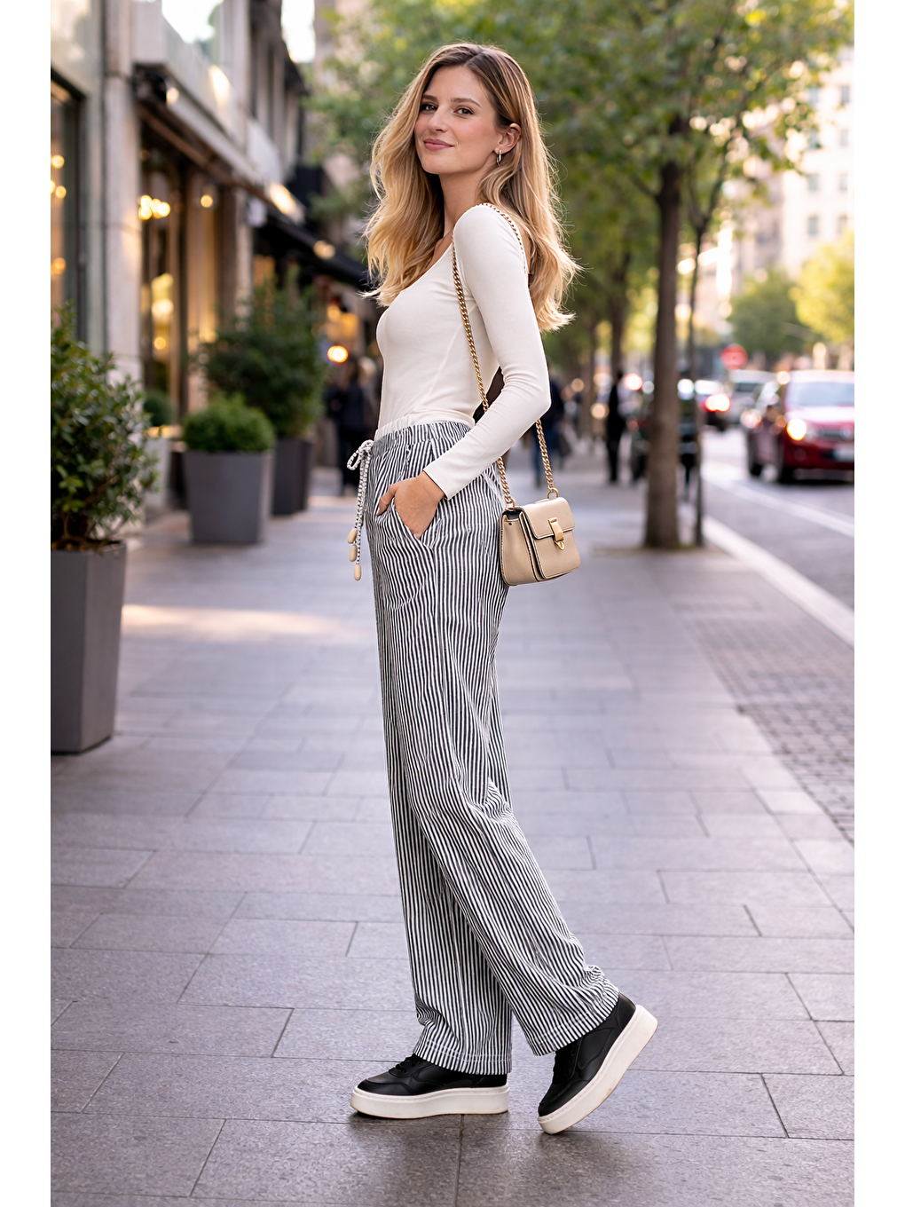 Gri Kadın Trend Çizgili Bol Paça Füme Palazzo Pantolon-1