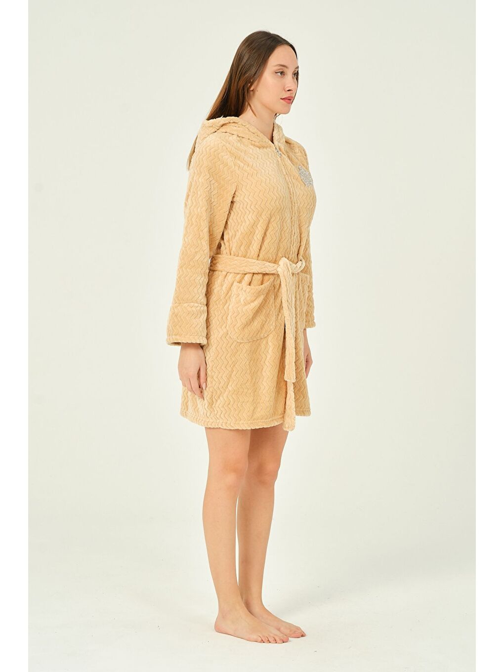 Sarı Kapüşonlu Taş Detaylı Fermuarlı Cepli Ultrasoft Sabahlık-3