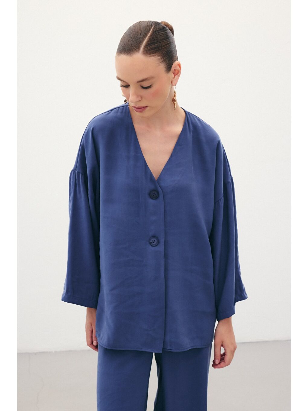 Düğmeli Kimono - İndigo-2