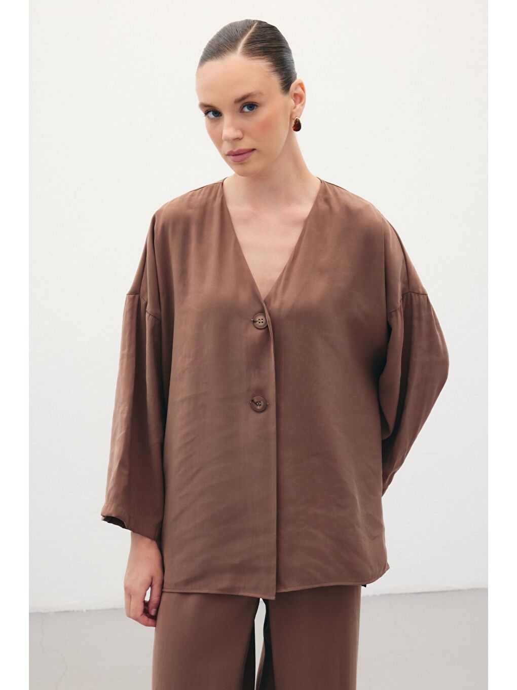 Kahverengi Düğmeli Kimono - Kahve-3