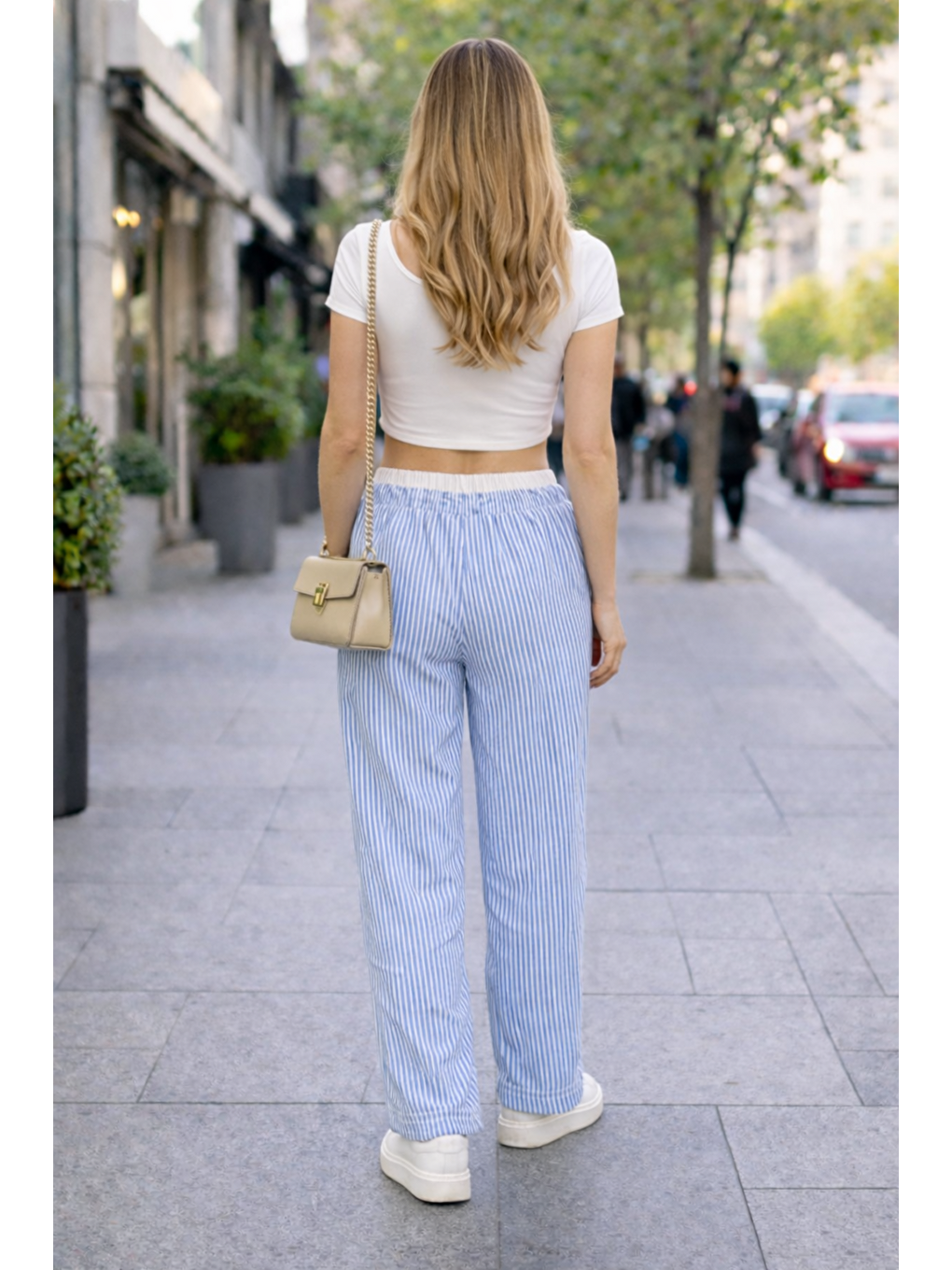 Kadın Trend Çizgili Bol Paça Mavi Palazzo Pantolon-2