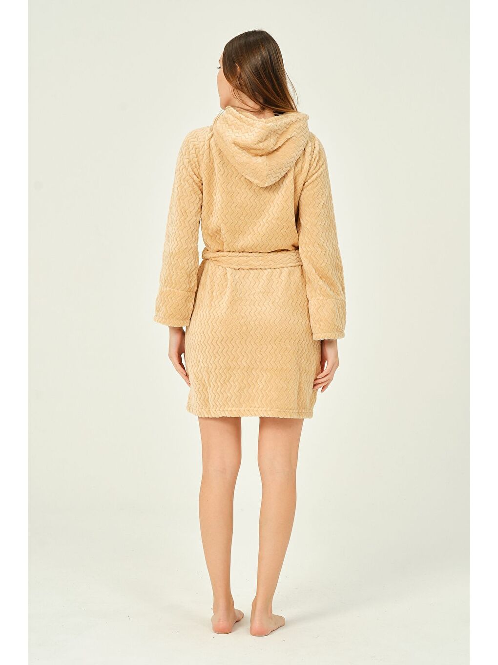 Sarı Kapüşonlu Taş Detaylı Fermuarlı Cepli Ultrasoft Sabahlık-5