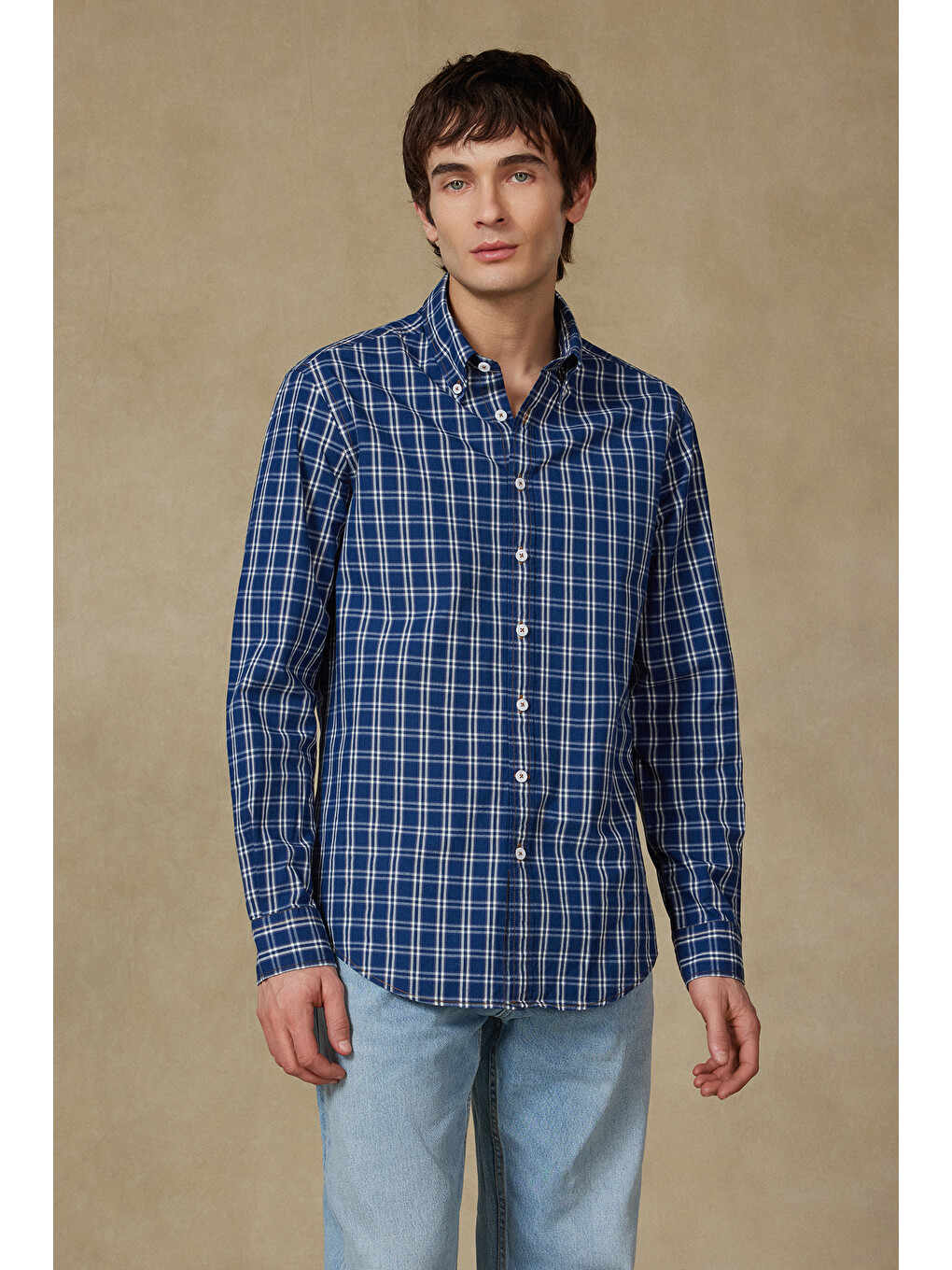Natte Denim Pamuklu Comfort Fit Lacivert Düğmeli Yaka Erkek Kareli Gömlek