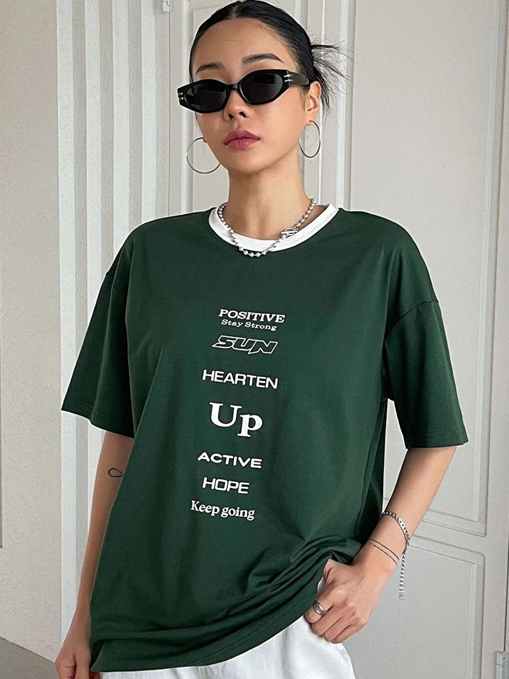 Yeşil Kadın Nefti Positive Baskılı İnterlok Tişört