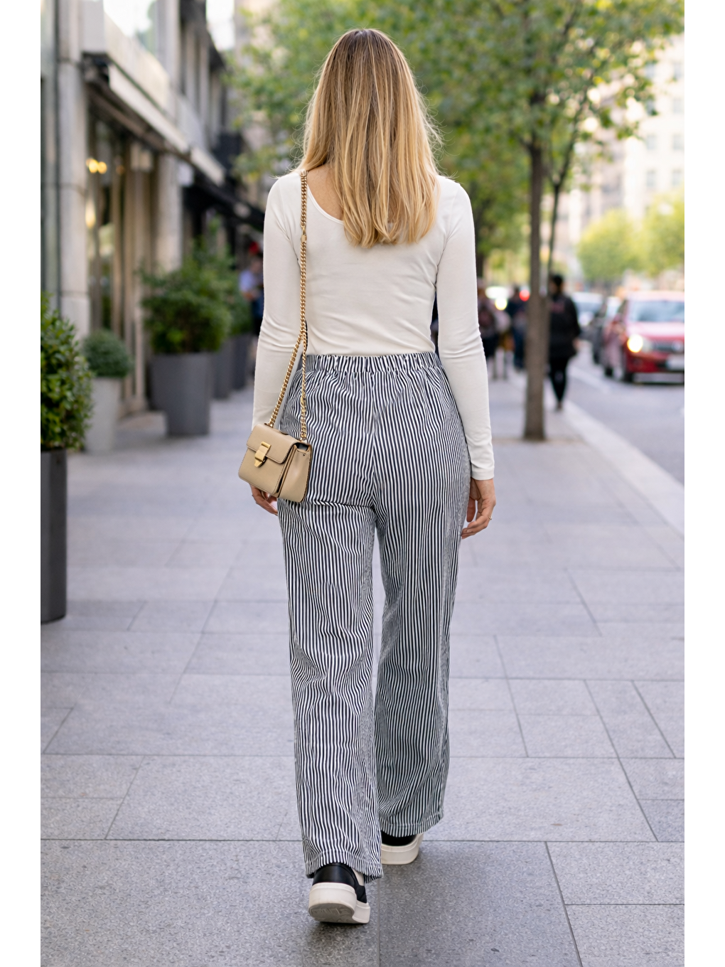 Gri Kadın Trend Çizgili Bol Paça Füme Palazzo Pantolon-2