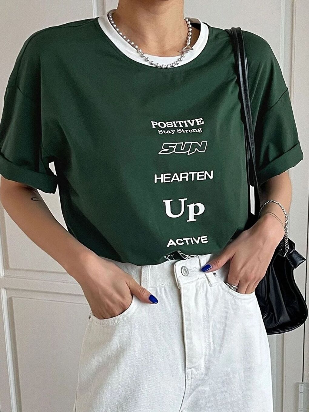 Yeşil Kadın Nefti Positive Baskılı İnterlok Tişört-1