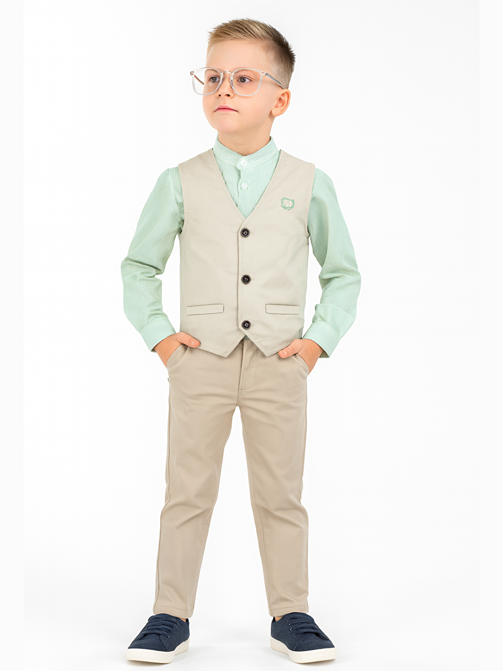 Bej 3'lü Set Erkek Çocuk Gabardin Yelek & Pantolon & Dokuma Gömlek