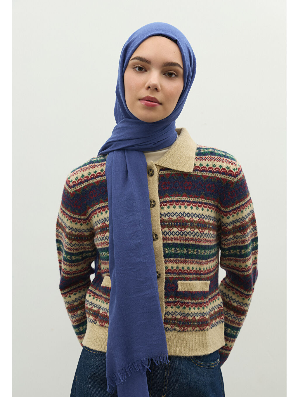 Kaşmir Dokulu Şal Koyu Mavi-1