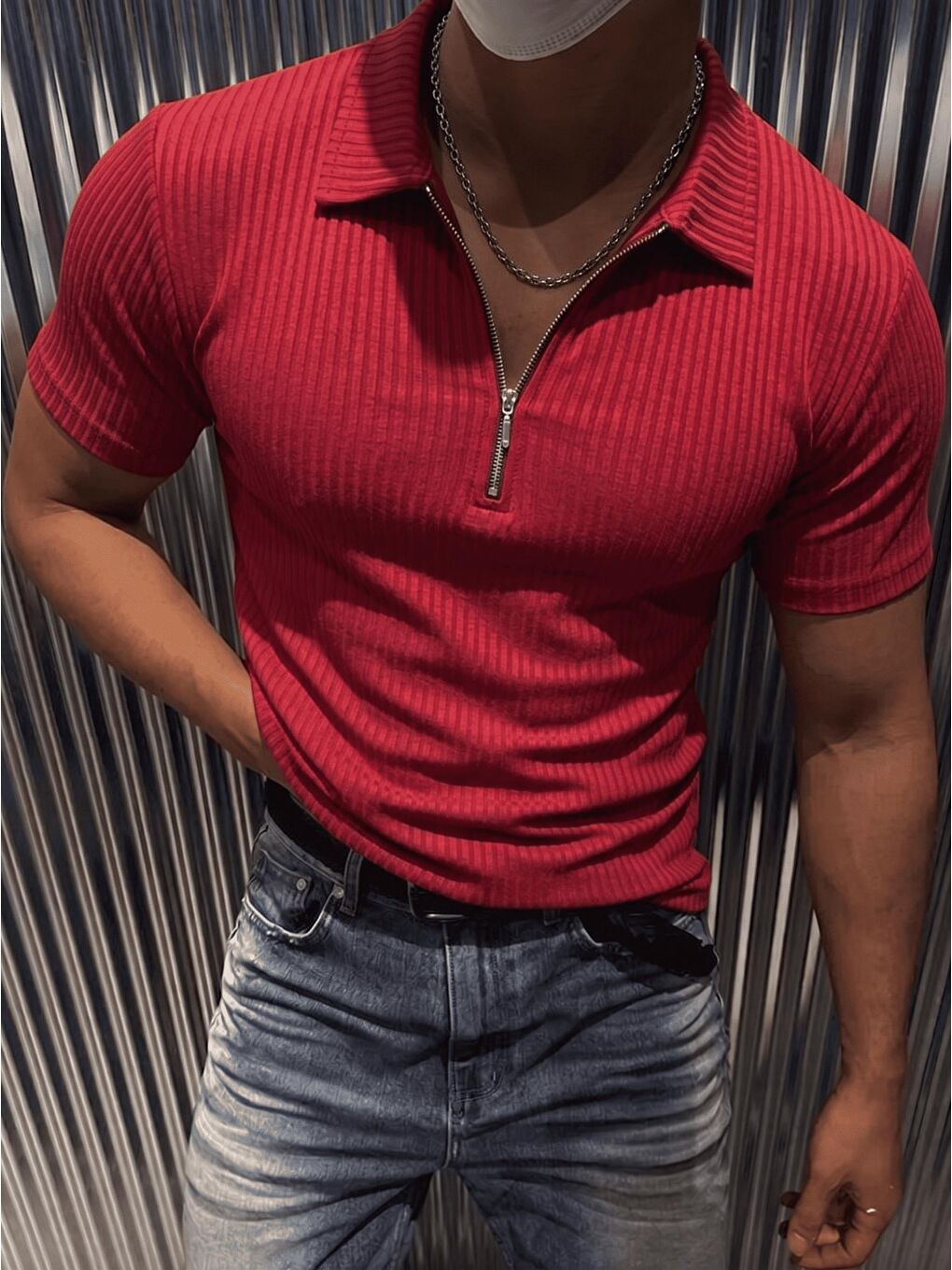 Bordo Luuk Erkek Slim Fit Fermuarlı Polo Yaka Fitilli T-Shirt-1