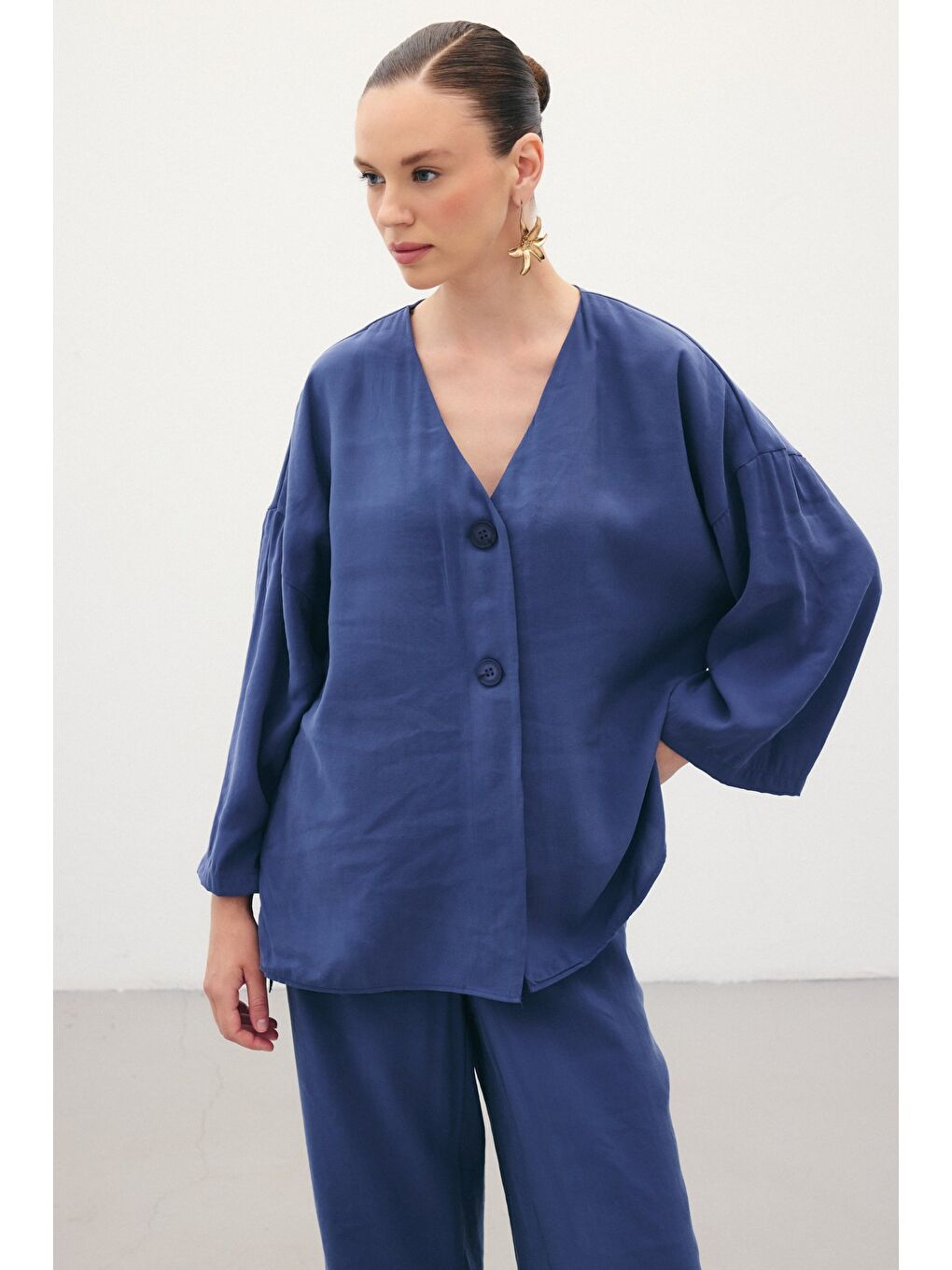 Düğmeli Kimono - İndigo-3