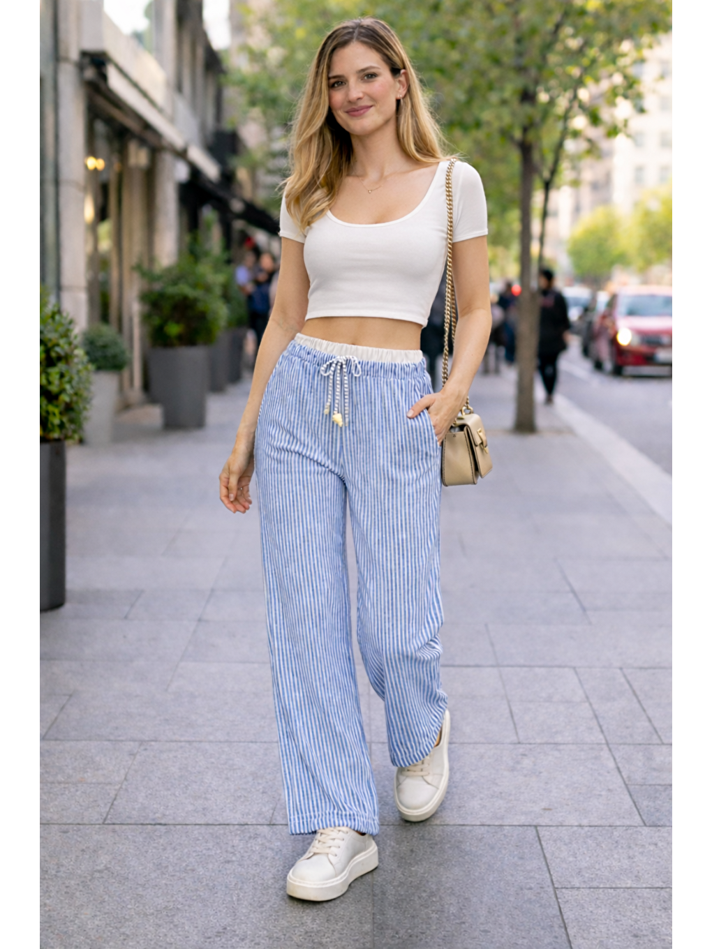 Kadın Trend Çizgili Bol Paça Mavi Palazzo Pantolon-3
