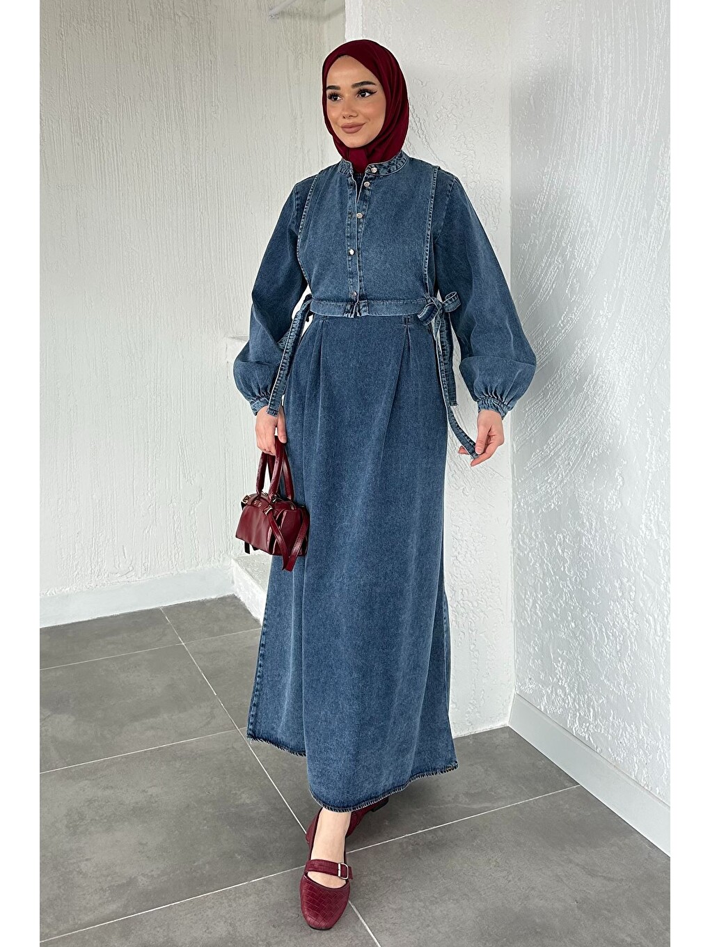 Mavi Yelek Kombinli Jean Jean Tesettür Elbise-3