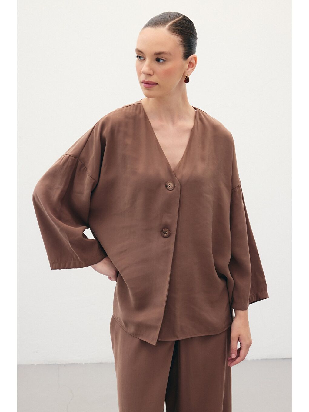 Kahverengi Düğmeli Kimono - Kahve-4