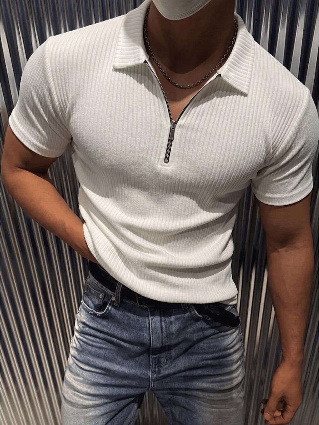 Beyaz Luuk Erkek Slim Fit Fermuarlı Polo Yaka Fitilli T-Shirt