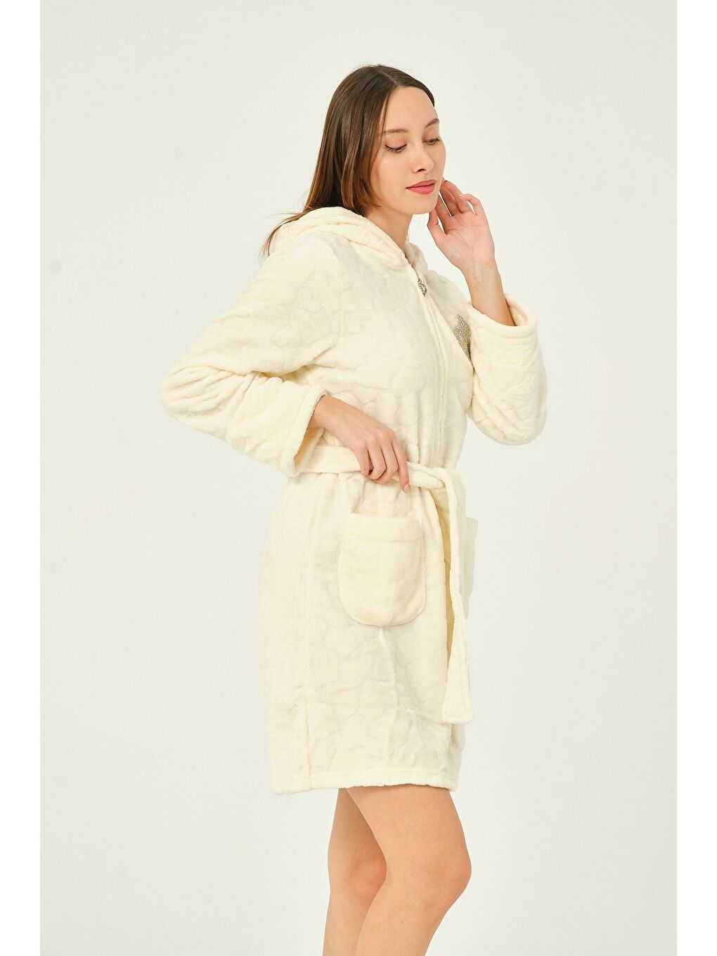 Ekru Kapüşonlu Taş Detaylı Fermuarlı Cepli Ultrasoft Sabahlık-2