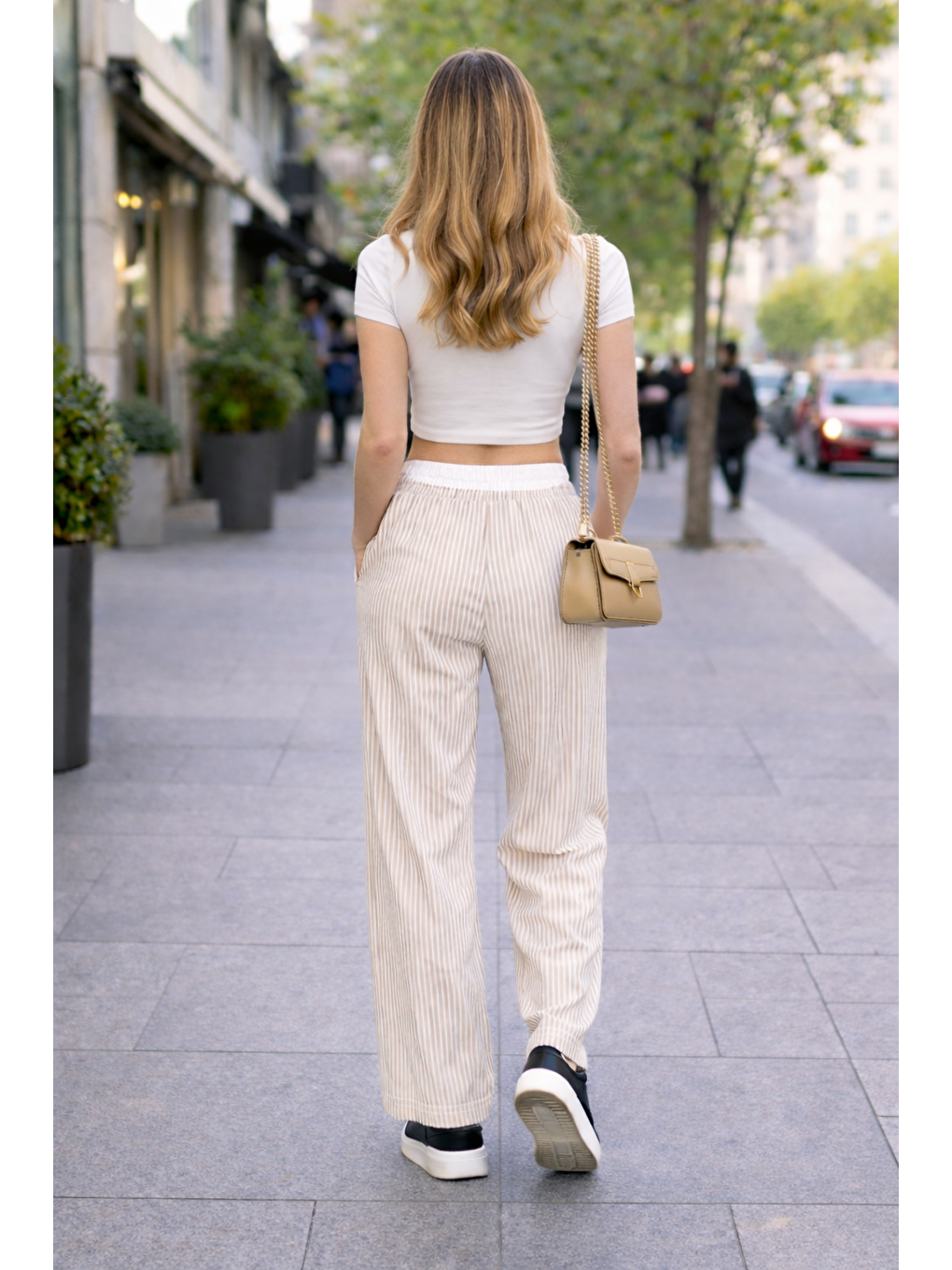 Ekru Kadın Trend Çizgili Bol Paça Krem Palazzo Pantolon-2